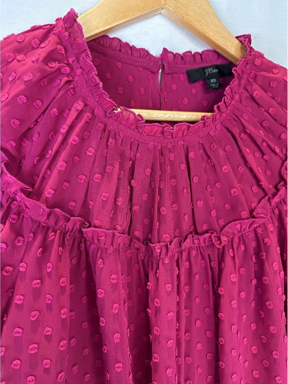 J.Crew Size XS Magenta Swiss Dot Ruffle Flutter Sleeve Blouse